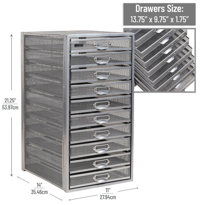 Mind Reader 10-Drawer Desk Organizer for Office Supplies, Crafts, Mail Sorting & More, Metal Mesh, 10.75"L x 14"W x 21.25"H, Silver