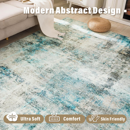 Carvapet 6x9 Large Rugs for Living Room Bedroom Kids Room, 6 x 9 Washable Teal Modern Abstract Low Pile Carpet with Rubber Backing, Foldable, Non Slip Thin Area Rug, Ultra Soft