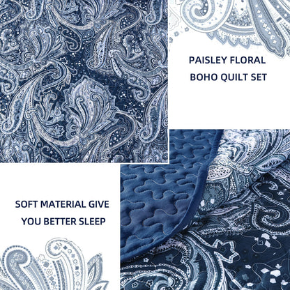 DJY Navy Paisley Quilt Set King Boho Bedspread Coverlet Set 3 Pieces, Soft Lightweight Microfiber Navy Blue Paisley Floral Pattern Bedding for All Season, 110"x90"