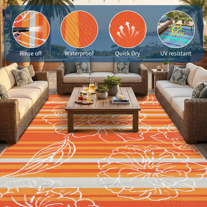 Garvee 6x9 Outdoor Waterproof Rug, Floral Outdoor Area Rug，Reversible Plastic Straw Patio Rug, Portable Camping Mat for RV, Picnic, Beach, Balcony, Garden & Camping Orange