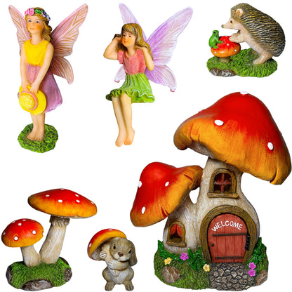 Mood Lab Fairy Garden Figurines - Mushroom House Set (6 pcs) - Miniature Decorative Statues & Accessories - Outdoor & Indoor Garden Decor