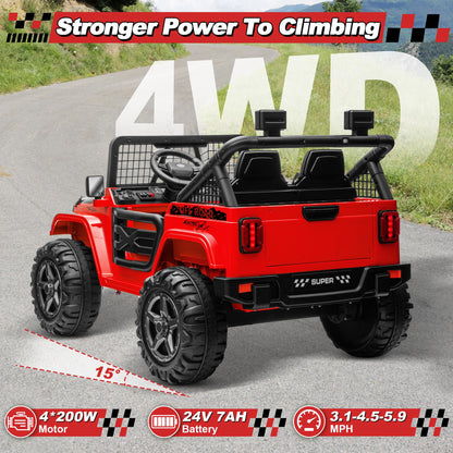 24V XL Ride on Car with Remote Control, JOYRACER 2 Seater 4WD/2WD Switchable Electric Car for Kids w/20 Inch Wide Seat, Gift Flower, 4X200W Power Car Wheels 24 Volt Big Truck for Boys Girls, Red