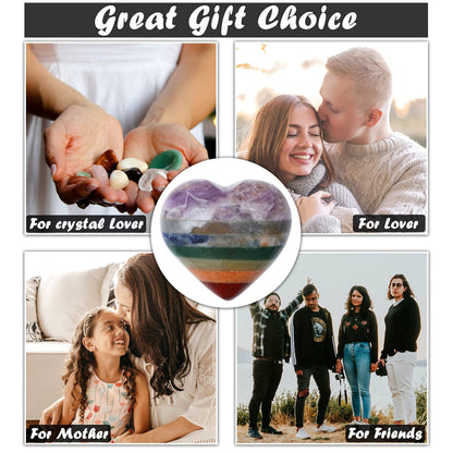 Crocon 50mm 7 Chakra Heart Stone Big Heart Shape Puff Stones Set 450+ Carats Pocket Crystal Healing Tumble Collection Palm Worry Stone Good Luck Charm Meditation Gift Craft Home Decor