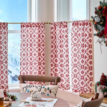 jinchan Snowflake Plaid Christmas Curtains 36 Inch Length Cafe Curtain Red Faux Canvas Textured Knit-Look Tier Curtains Holiday Christmas Decorations for Living Room Small Windows Rod Pocket 2 Panels
