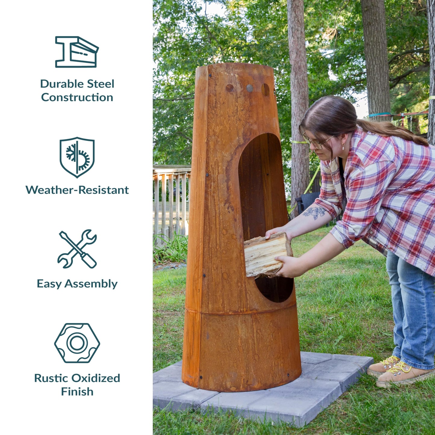 Sunnydaze Santa Fe 50-Inch Chiminea Outdoor Fire Pit - Wood-Burning Chiminea Outdoor Fireplace with Wood Grate - Rustic Patina Finish