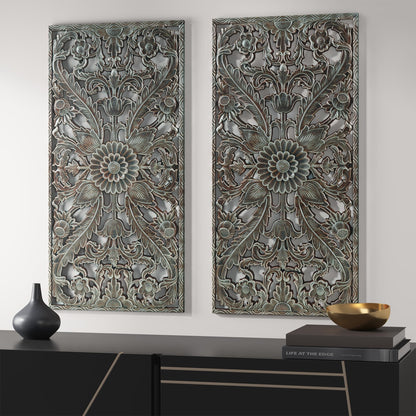 Madison Park Wall Art Living Room Décor - Floral Antiqued Wooden Carving Wall Decor Panel, Copper Embellished, Ready to Hang Wall Decor for Bedroom, 15.75"W x 31.5"L x 0.59"D, Patina Blue, 2 Piece