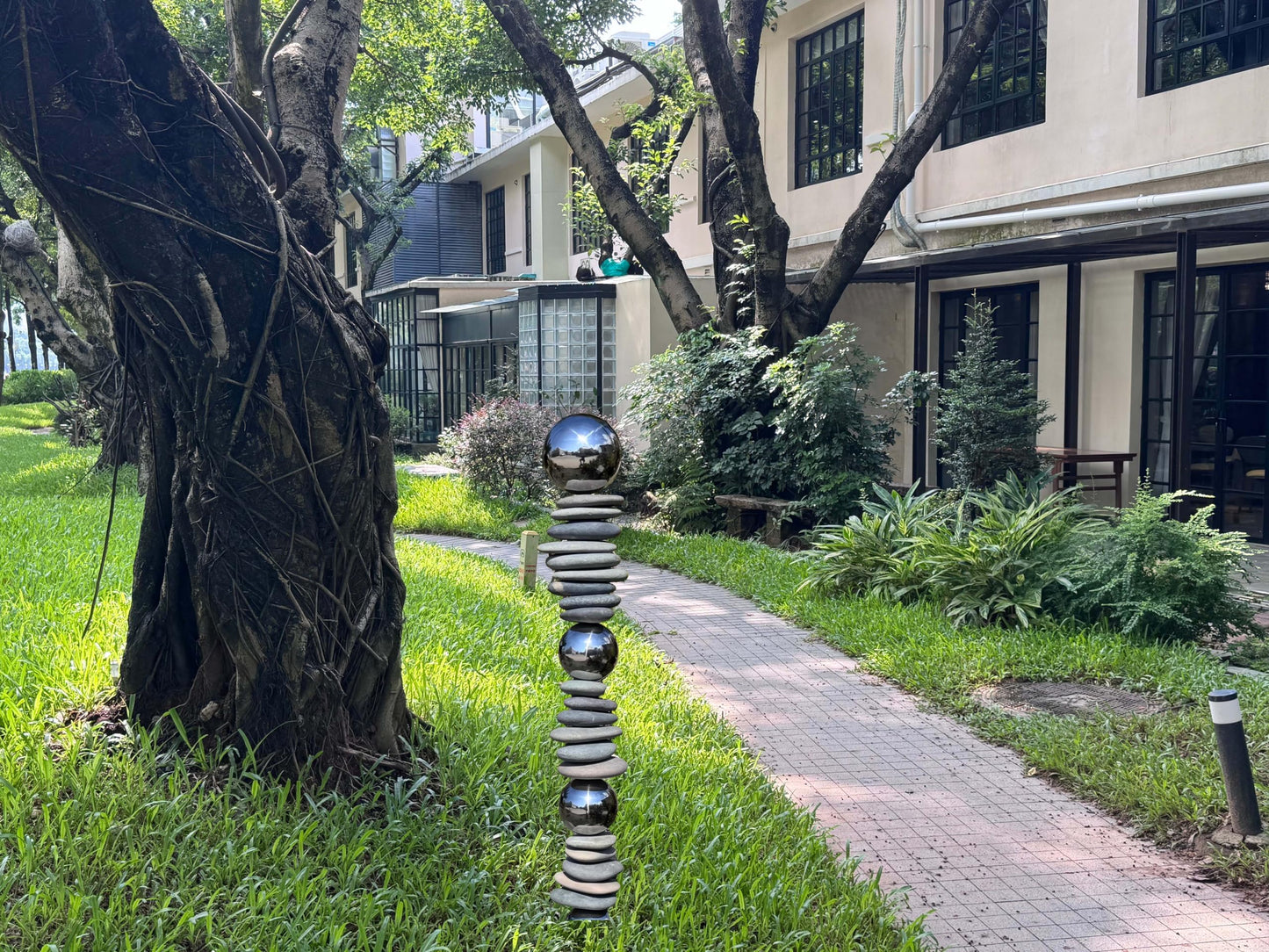 Wensign Zen Garden Ourdoor Decor - 32" Rock & Stainless Steel Sphere Sculpture Stake, Modern Yard Art for Landscape, Patio, or Pathway