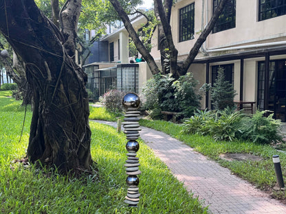 Wensign Zen Garden Ourdoor Decor - 32" Rock & Stainless Steel Sphere Sculpture Stake, Modern Yard Art for Landscape, Patio, or Pathway