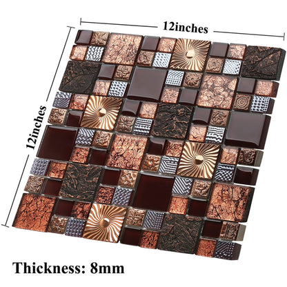 Blujellyfish Red Wine Colors Glass Tile 2'' x 2'' Leaf Carving Imprints Antique Mosaics Textured Rose Gold Metal Kitchen Bathroom Walls Backsplash Tiles (Pack of 5 Square Feet)