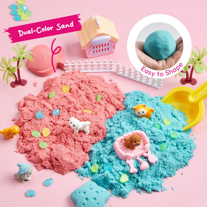 JOVA Klever Kits Cute Pet Sensory Bin for Toddlers with Glow in The Dark Stones, Sandbox with Lid Dual-Color Sand, Preschool Learning Activities Gifts for Boys Girls Age 3+