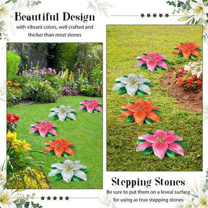 Cinnvoice 3 Pack Garden Stepping Stone Outdoor, Decorative Dimensional Resin Stepping Stones for Patio Pathway Landscaping Walkway Sculpture Yard Backyard Lawn(Lily,10 Inches)