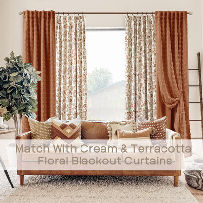 Boho Blackout Curtains for Bedroom 84 Inch Length 2 Panels Set,Vintage Farmhouse Terracotta Rust Pom Pom Textured Patterned Double Layer Sheer Overlay Bohemian Western Curtain Drapes for Living Room
