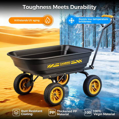CAMMOO 10-in NO-FLAT TIRES 600lb Heavy-Duty Garden Dump Cart 4 Cu.Ft. Utility Wagon with Quick-Release Dumping & Prime Grade 100% Virgin Polypropylene - Not Recycled Material for Landscaping Gardening