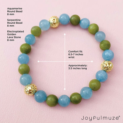 Joyfulmuze Aquamarine Serpentine Stretch Bracelet, Natural Blue and Green Round Gemstone, Handmade Spiritual Jewelry for Women Men, Gold Lava Beads, 17cm length (Aquamarine-Serpentinite-Lava Stone)