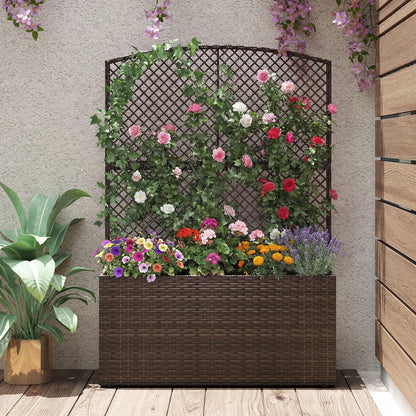 Happygrill Raised Garden Bed with Trellis, 58" Wicker Planter Box with Privacy Screen, Liner, Drainage for Patio Balcony, Outdoor PE Rattan Elevated Garden Bed for Climbing Plant Vine Flower (Brown,1)
