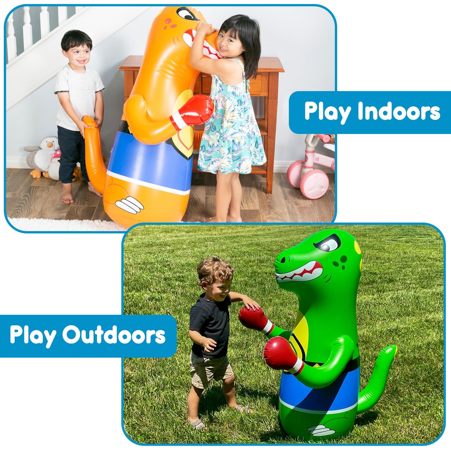 Preferred Toys 47" Inflatable Dinosaur Punching Bag for Kids - Durable Blow Up Kids Punching Bag with Bounce Back Base - Inflatable Indoor Outdoor Active Toddler Bop Play Toy - Orange