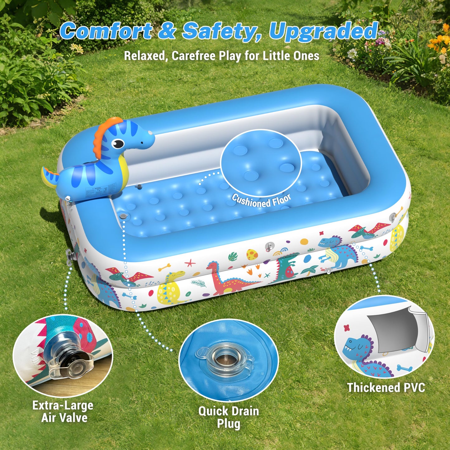 JOSEN Dinosaur Kiddie Pool with Canopy and Sprinkler, Inflatable Baby Pool with Soft Cushioned Floor, Portable Toddler Blow Up Pool Ball Pit for Backyard, Outdoor/Indoor Play Toys