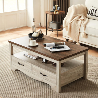 LINSY HOME Farmhouse Coffee Table with Storage, Wood Coffee Table for Living Room, Open Display Area and Storage Drawers with Metal Handles, Chic Style with Curved Base. Oak and Brown