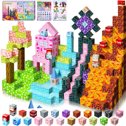 FQOIUD Magnetic Blocks - 150PCS Magnetic Building Blocks, STEM Constructions Magnet Blocks for Boys Girls Age 3 4 5 6 7 8 9 10, Sensory Stacking Toy Christmas Birthday Gifts for Kids