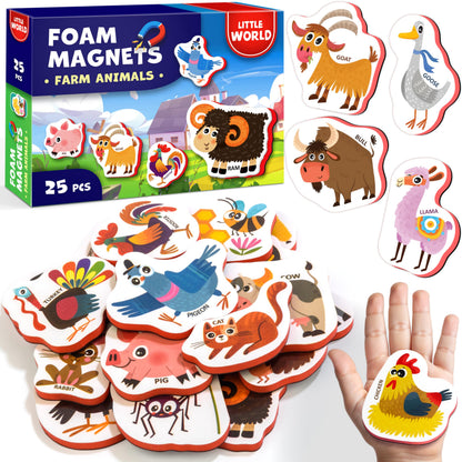 Little World Large Set of Safe and Durable Fridge Magnets for Toddlers 1-3 | Foam Refrigerator Magnets for Kids with Gift Box | Waterproof, Non-Toxic Farm Magnetic Animals for Children and Babies 1+
