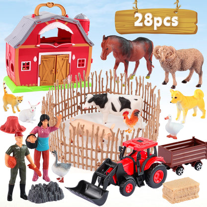 EnAuRoL Red Barn Farm Animals Toys, 28PCS Animals Figures and Farm Tractor Playset, Educational Learning Toys for Toddlers and Kids 3 4 5 Year Old Boys and Girls Birthday Festival Gift