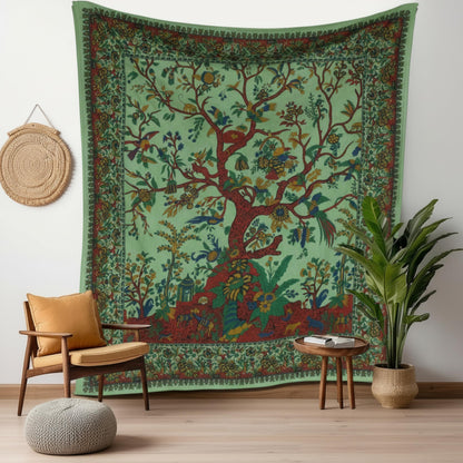 Craft Trade Indian Cotton Mandala Wall Hanging Tree of Life Tapestry for Aesthetic Boho Hippie Living Room, Meditation & Bedroom Décor (Green, 54x84 Inches)