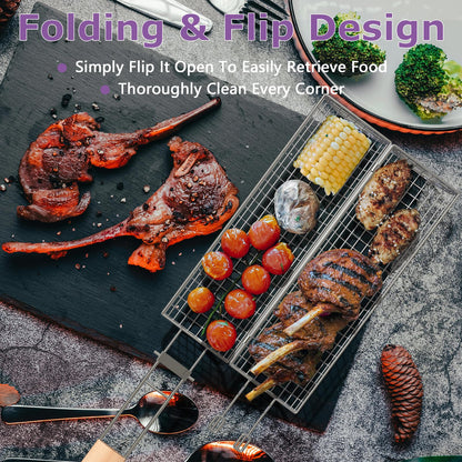 GAUYEBY Rolling Grill Basket, Grill Baskets for Outdoor Grill, REMOVABLE HANDLE, Anti-Scorch Stainless Steel BBQ Net Tube for Meat, Shrimp, Vegetables, Grill Accessories, Gifts for Dad, Husband (Round)