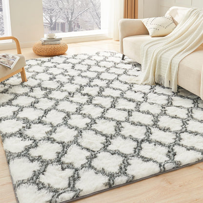 Litanika 4x6 Geometric Shag Area Rug for Bedroom, White and Grey High Pile Ultra Soft Plush Shaggy Furry Bedside Playroom Dorm Carpet, Non-Slip, Non-Shedding Indoor Floor Rug