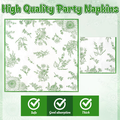 G1ngtar 96Pcs Sage Green Floral Party Plates Supplies Green Toile Chinoiserie Flower Tableware Decorations Disposable Paper Plates Napkins Forks for Birthday Spring Summer Party Wedding, Serves 24