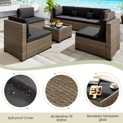 LHBcraft 7 Piece Patio Outdoor Furniture Set, Outdoor Sectional, All-Weather Manual Weaving PE Rattan Wicker Patio Sectional Sofa, Rattan Outside Furniture with Black Cushion and Glass Coffee Table