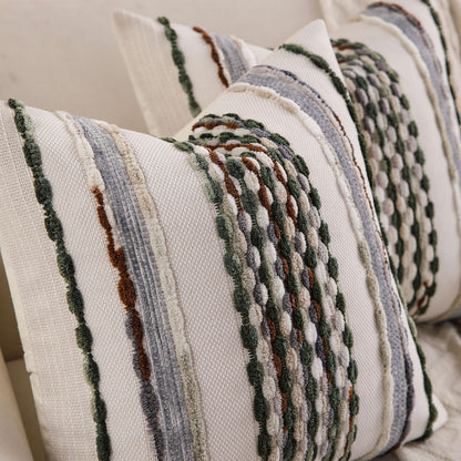 KOOLIFE Boho Striped Throw Pillow Covers 18x18 Inch Set of 2 Farmhouse Square Decorative Pillow Covers Chenille Tufted Accent Neutral Pillowcase Green Cushion Cover for Living Room Couch Sofa Bed