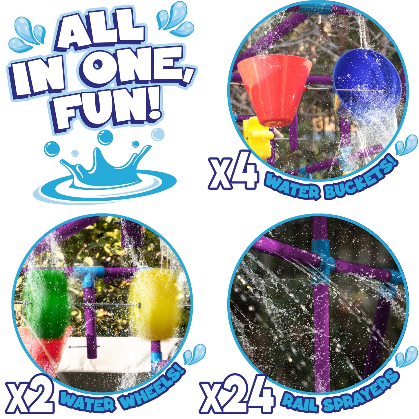 PUDDLE SPLASHERS Outdoor Water Play for Kids, Backyard Waterpark Sprinkler Summer Toy, Fun Outside Play Structure for Kids with Sprinkler, Water Buckets and Splash Wheels, Family Backyard Waterpark