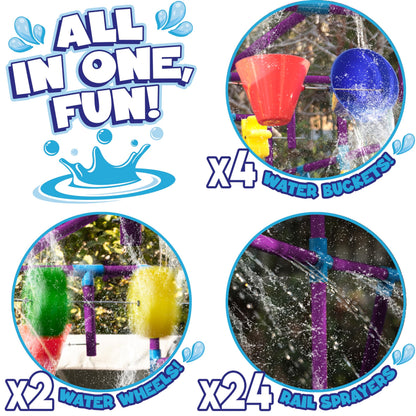 PUDDLE SPLASHERS Outdoor Water Play for Kids, Backyard Waterpark Sprinkler Summer Toy, Fun Outside Play Structure for Kids with Sprinkler, Water Buckets and Splash Wheels, Family Backyard Waterpark