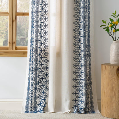 NICETOWN Boho Curtains with Navy Blue Trim 84" Long 2 Panels, Embroidered Cream Linen Textured Geometric Drapes with Antique Bronze Grommets, Light Filtering Window Treatment for Living Room & Nursery
