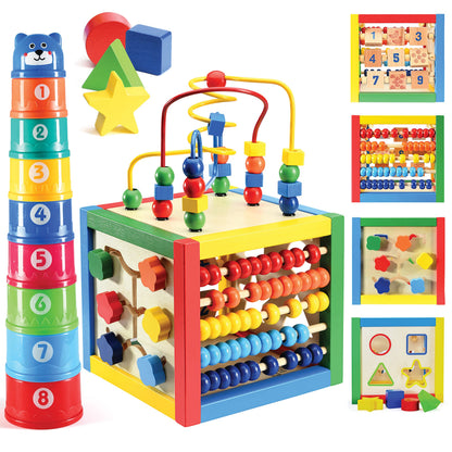 Play22 Wooden Activity Cube for Baby - 6 in-1 Baby Activity Play Cube with Bead Maze, Shape Sorter, Abacus Counting Beads, Counting Numbers, Sliding Shapes, Removable Bead Maze, 8Pcs Stacking Cups