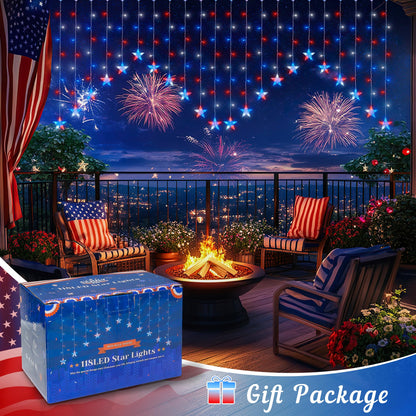 woohaha 4th of July Patriotic Star Icicle Lights,118LED Red White and Blue Curtain Window Lights,Connectable Star String Light Plug in for Independence Day,Garden,Fourth of July Decorations