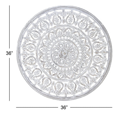 Deco 79 Wood Floral Handmade Intricately Carved Round Mandala Wall Decor, 36" x 1" x 36", White