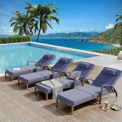 Set of 2 Chaise Lounge Chairs Outdoor, PE Rattan Wicker Poolside Recliners with 5-Position Adjustable Backrest, Blue Cushions, Armrests and Wheels, Patio and Garden Furniture for Beach and Backyard