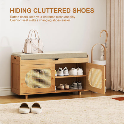 PETKABOO Rattan Shoe Storage Bench, 35.4" Bamboo Entryway Bench, 2-Tier Shoe Rack with 2 Doors & Padded Seat Cushion for Entryway, Living Room, Bedroom