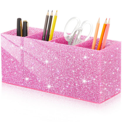 Jetec Acrylic Glitter Pen Holder 4 Compartments Bling Makeup Brush Stationery Organizer Pencil Holder for Desk Accessories Sparkly Gifts for Women Birthday Valentines Desktop Workplace Office(Pink)
