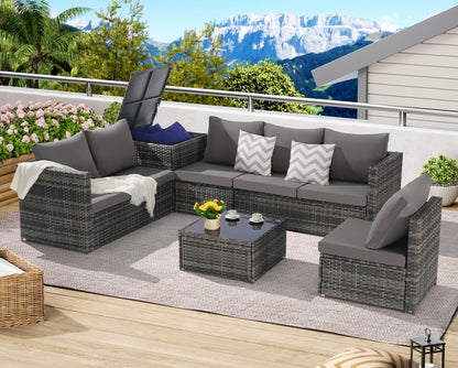KEIKI 6Pcs Outdoor Patio Sectional Couch Sofa Conversation Furniture Sets with Chair, Storage Corner Cabinet, Glass Top Coffee Table & Cushion, Wicker Woven Seating for Backyard Lawn