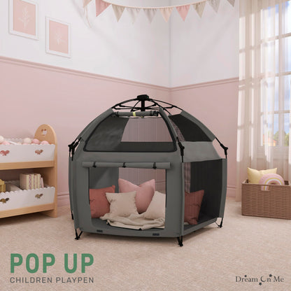 Dream On Me Pop-Up Children Playpen, Instant One-Hand Open & Fold, Breathable Mesh Sides, Zipper Security Gate & Travel Carry Bag, Compact Indoor/Outdoor Baby Play Yard with Canopy - Charcoal