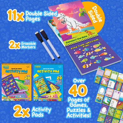Travel Reusable Activity Books- 2 Pack - Travel Games for Kids, Roads Trip Car Games & Activities Must Haves Essentials, Airplane Activities for Kids, Includes 20+ Learning Games in Each Book