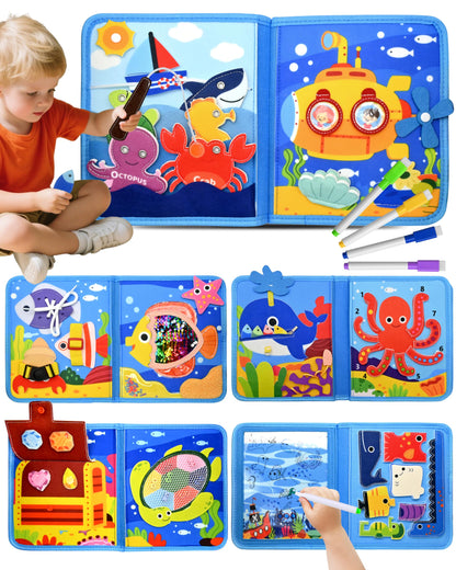 Meafeng Ocean Busy Book for Toddlers 1-3 - Montessori Learning Toy with Sea Animals & Life Skills, Travel Quiet Book for 1 2 3 Year Old Boys Girls, Educational Toddler Toy for Car & Airplane Travel