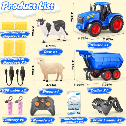 Funwee RC Tractor Toy Set with Light & Sound, Kids Farm Car Animal Trailer Wheels Remote Truck, Outdoor Vehicle Toys for 3-7+ Years Old Toddler Boy and Girl Gift(Blue)