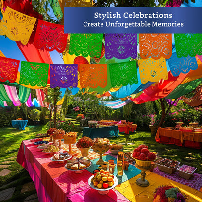 Mexican Party Banners (5 Pack with 10 Plastic Flags per Banner) - Papel Picado Mexicano para Fiesta - Plastic Papel Picado - Fiesta Themed Party Decorations - Mexican Decor