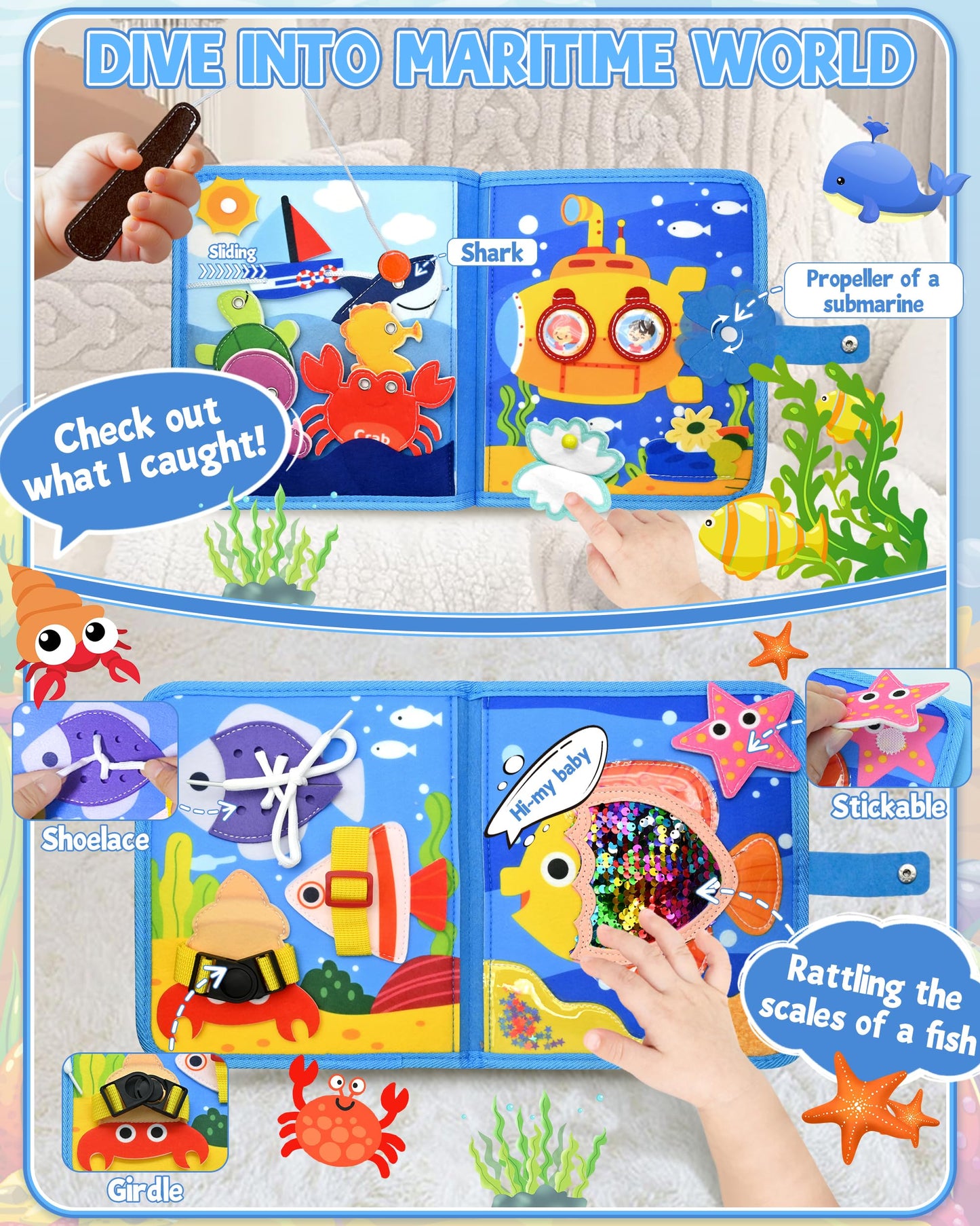 Meafeng Ocean Busy Book for Toddlers 1-3 - Montessori Learning Toy with Sea Animals & Life Skills, Travel Quiet Book for 1 2 3 Year Old Boys Girls, Educational Toddler Toy for Car & Airplane Travel