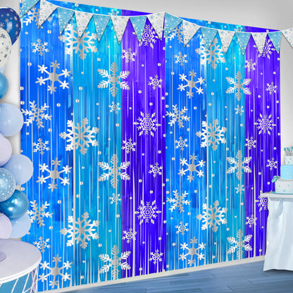 3 Pack Birthday Party Decorations Snowflake Tinsel Foil Fringe Curtains for Kids Frozen Birthday Backdrop Winter Christmas Holidays Photo Booth Prop Backdrop Streamer 3.3x6.6ft