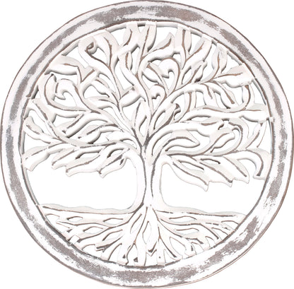 Wooden White Wash Tree of Life Wall Art Panel – 12 Inch Round Wood Carved Wall Hanging Sculpture | Indoor Outdoor Tree of Life Altar Panel Home & Office Wall Décor