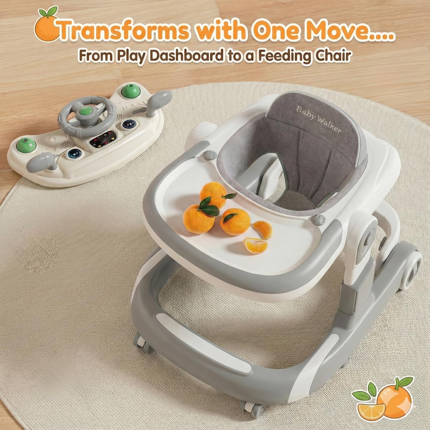 3-in-1 Foldable Baby Walker - Music Car-Themed Walker with Wheels and Bouncing Foot Mat, Push-Behind Walker, Baby Walker with Sheds Design for Outdoor, for Infant Boys & Girls 6-18 Months (Grey)